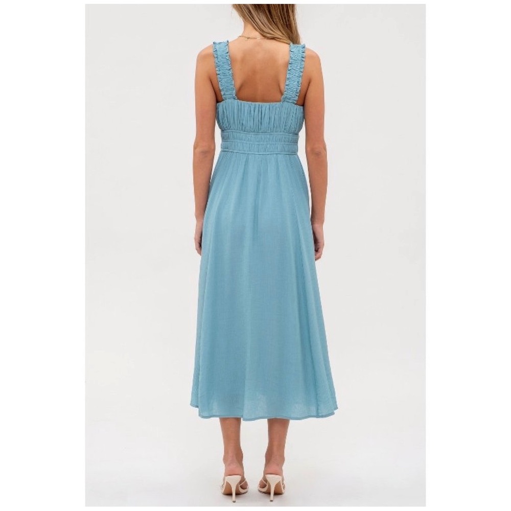 August Sky Maxi Dress Small Smocked Bodice Square Neck Milkmaid Teal Blue - Picture 8 of 9